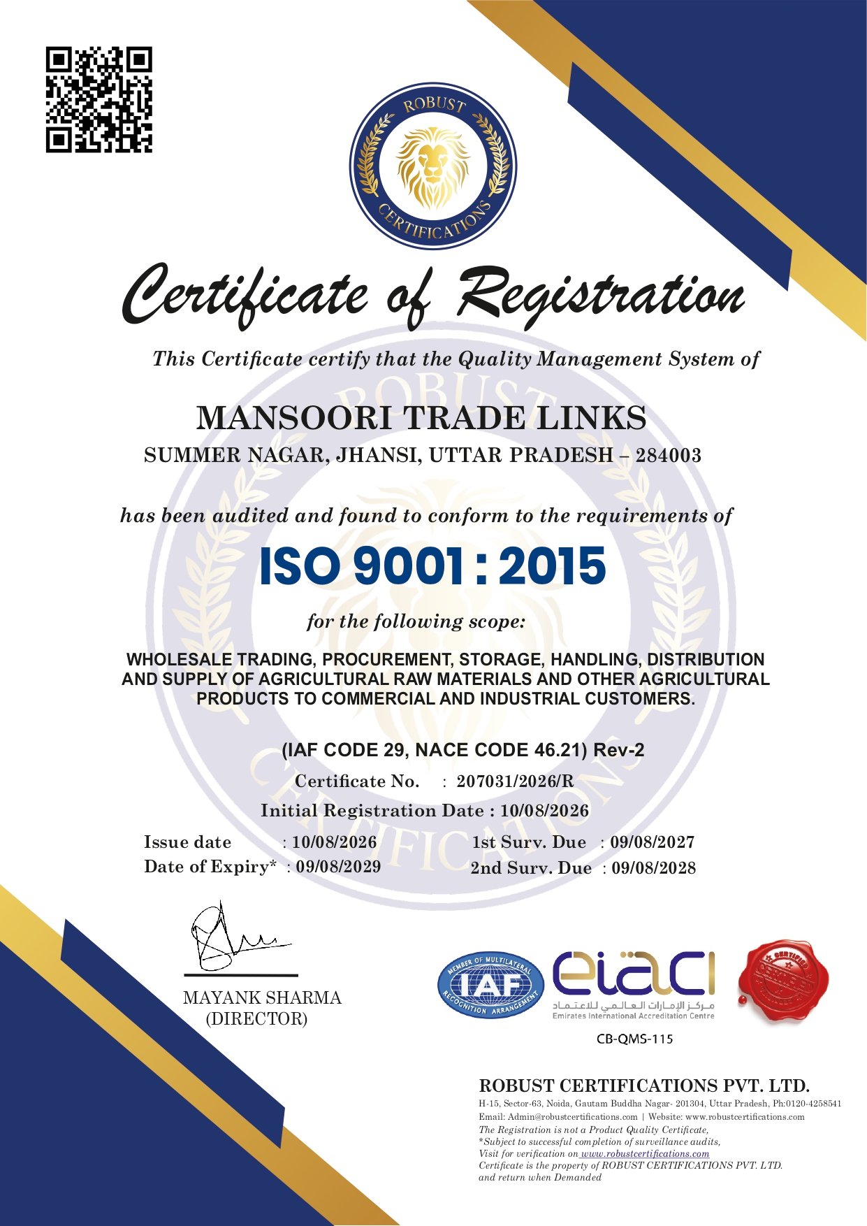 Mansoori Trade Links QMS Certification